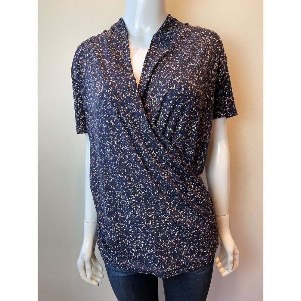 Renee C. Womens Wrap Blouse Top Ditsy Print MS2209TPA Short Sleeve Navy Size M